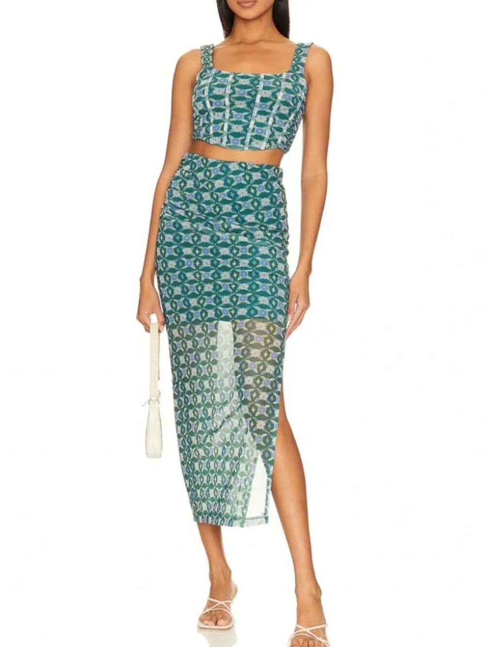 Free People Galaxy Corset Set in Green Combo Skirt Top M